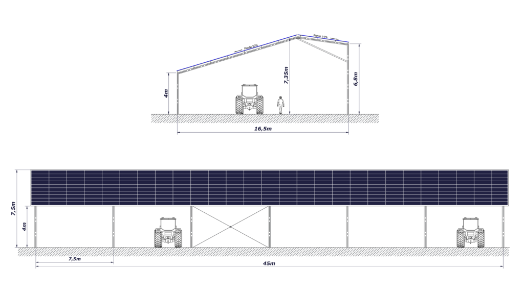 Plan de coupe bâtiment photovoltaïque financé 743m2 sud