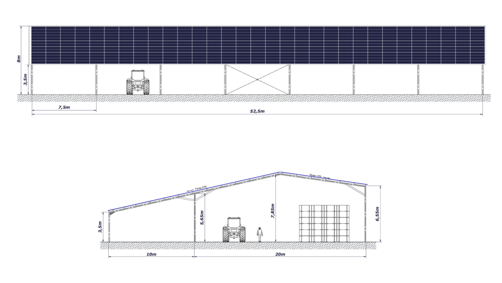 plan de coupe hangar solaire financé orientation sud 1575 m2