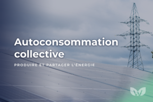 Panneaux photovoltaïques avec une ligne électrique en arrière-plan, illustrant l’autoconsommation collective.